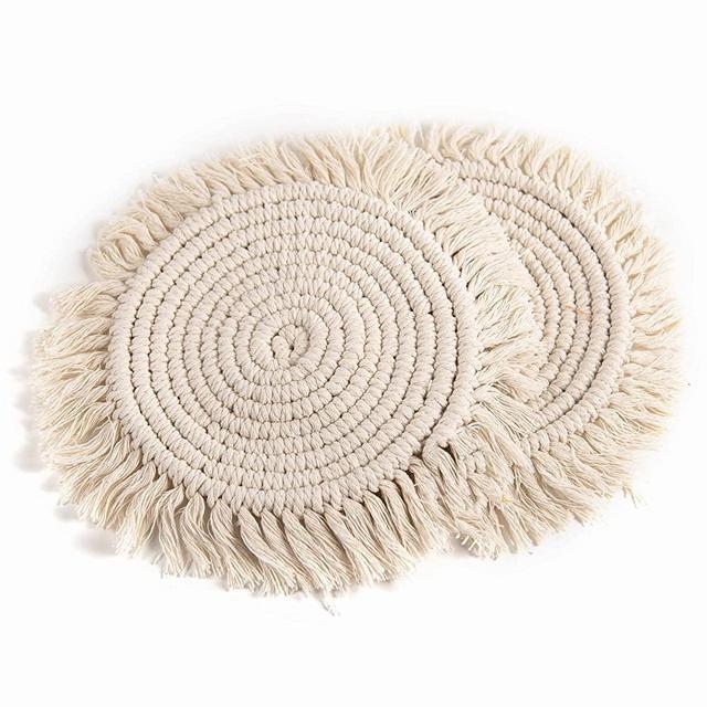 Eiyye Pot Holder Macrame Trivets Round Tassel Placemats Cotton Rope Placemats Boho Coaster Handmade Hot Dishes Set of 2, 10inch