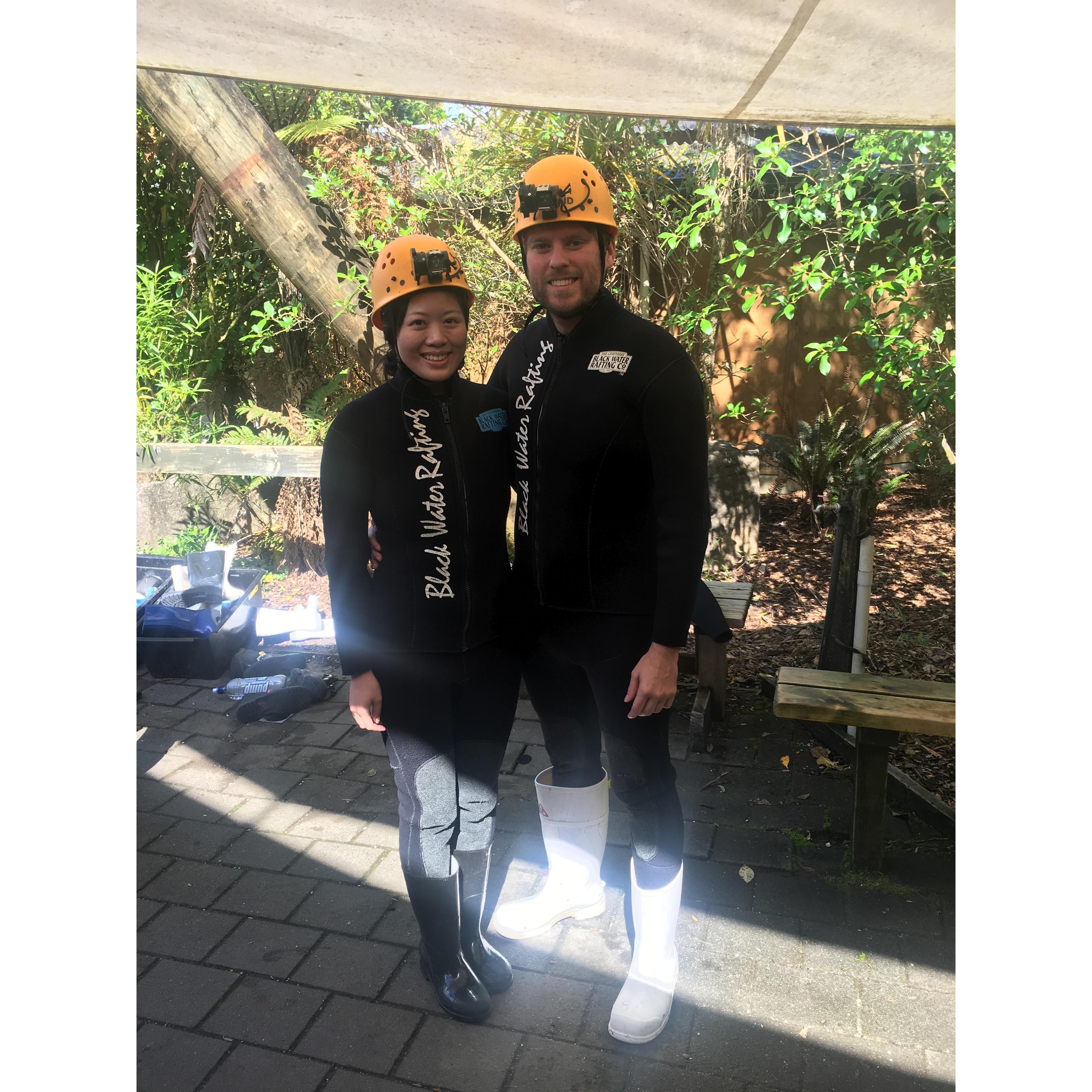 Exploring the caves in New Zealand, we even jump a waterfall!