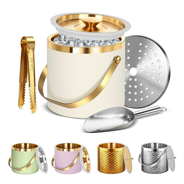 Ice Bucket, Ice Bucket with Silicone Sealing Ring Double-Wall Vacuum Insulation Champagne Buckets with Filter Layer Ice Tongs Ice Scoop (Beige, 3 L)