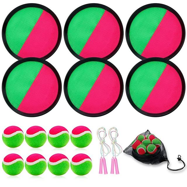 Sumfox 16Pcs Toss and Catch Ball Set Yard Games Kids Outdoor Toys Paddle Ball Game Set with 2 Skipping Ropes 6 Paddles 8 Balls 1 Bag Beach Games
