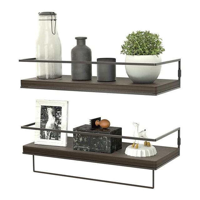 ZGO Floating Shelves for Wall Set of 2,Rustic Wood Wall Mounted Decor Storage Shelves with Black Metal Frame and Towel Rack for Bathroom, Bedroom, Living Room, Kitchen, Office