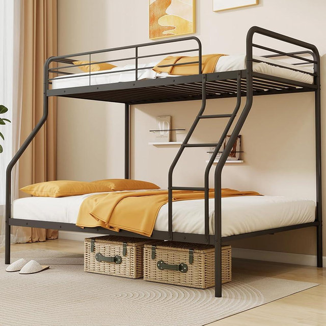Giantex Metal Bunk Beds Twin Over Full Size, Heavy Duty Bunk Bed for Teens Adults with Ladder & Guardrails, Space Saving Metal Bunk Bed for Dorm, Bedroom, Apartment, No Box Spring Needed (Black)