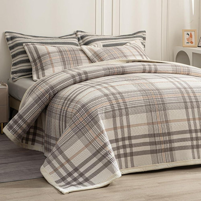 tohrisa Cotton Plaid Quilt Set, Ultra Soft 3 Pieces King Size Bedding with 2 Pillow Shams, Lightweight Reversible Coverlet Bedspread with Wave Quilting for Summer, 108"x96", Grid-Grey White