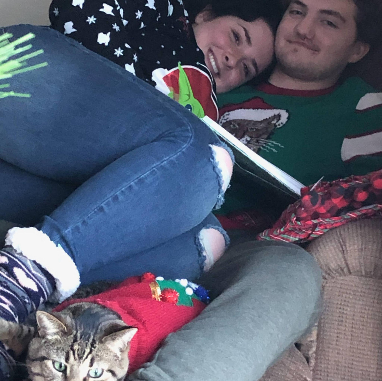 December 2020: Another Christmas photo! This time with Gray the cat