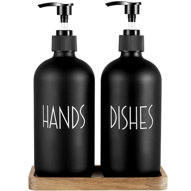ALELION Black Dish Soap Dispenser Set for Kitchen - 16 OZ Hand Soap Dispenser with Pump and Acacia Wood Tray - for Black Kitchen Decor and Accessories