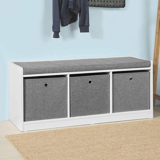 Haotian FSR65-DG, Grey 3 Baskets Hallway Bedroom Storage Bench with Seat Cushion, Shoe Bench Shoe Rack Shoe Cabinet,