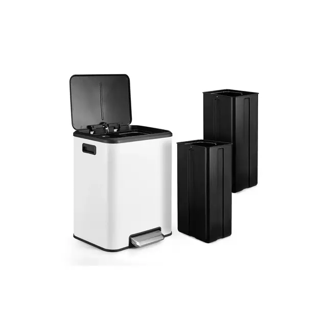 Dual Compartment Recycling Kitchen Step Trash Can, Garbage Can with 2 Removable Inner Bucket, White