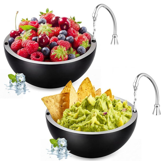 Honeydak 2 Pack 70 oz Dip Chiller Bowl Stainless Steel Double Walled Insulated Ice Serving Bowl for Parties Salsa, Guacamole, Condiments, Sauces, Salad & Food Hot or Cold(Black)