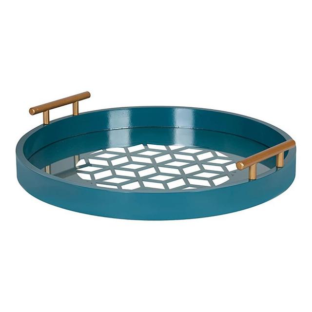 Kate and Laurel Caspen Modern Round Tray, 15.5 inch Diameter, Teal, Decorative Tray for Storage and Display