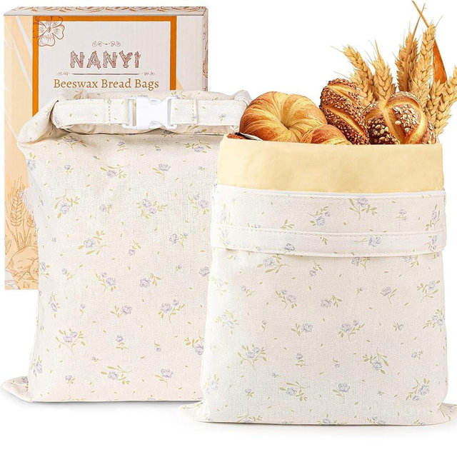 2-Pack Reusable Beeswax Bread Bags for Sourdough & Homemade Bread，Cotton Waxed Bags Keeps Fresh Longer(Azure Petals)