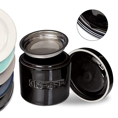 Bacon Grease Oil Container Storage Can Keeper w/Stainless Strainer Paleo Keto Pour Spout Ceramic Porcelain Stoneware Fat Separator Filter BLACK