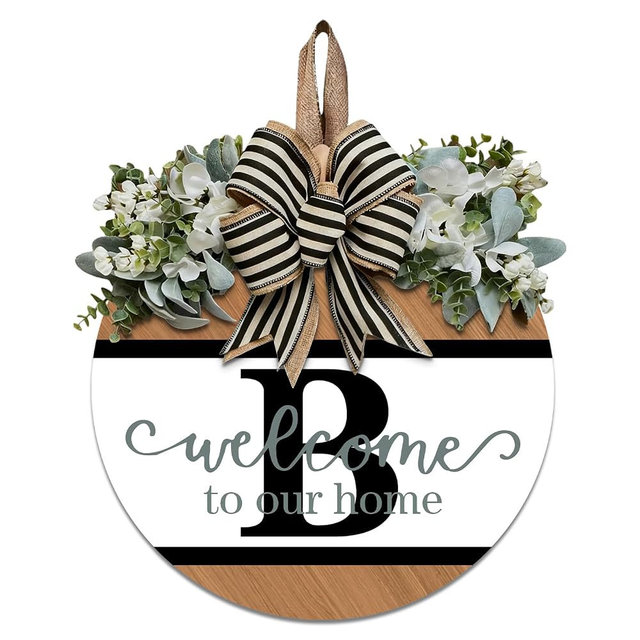 Last Name Round Front Door Wreath Decor for All Seasons, 26 Initial Letter Wreaths for Front Door Porch Welcome Garland and Eucalyptus Hanging Gift for Farmhouse Welcome Sign (B)