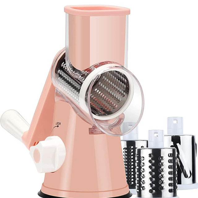 Ancevsk Rotary Cheese Grater with Handle, Round Mandoline Speed Kitchen Slicer Machine, 3 in 1 Multifunctional Vegetable Shredder Manual Garlic Grinder for Nuts, Potato, Carrot, Hashbrown (Pink)