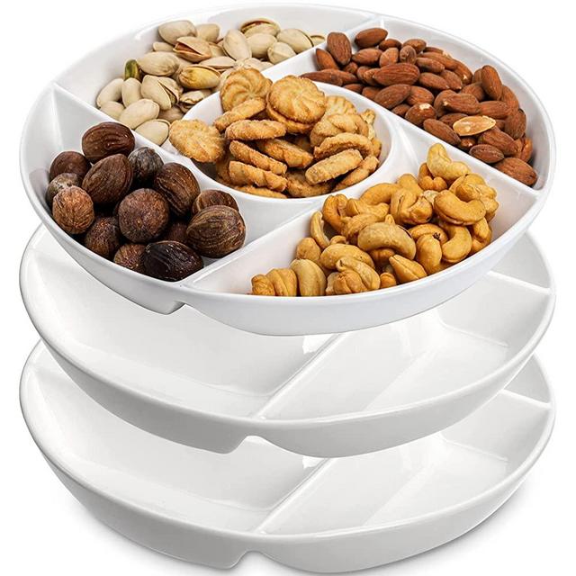DEAYOU 3-Pack Ceramic Chip and Dip Serving Tray, Porcelain Divided Serving Plate, 10" Decorative Sectional Platter, 5-Compartment Stoneware Appetizer Fruit Dish for Party, Veggie, Snack, Entertaining