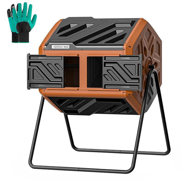 THEGROW'ING Updated 43 Gallon Compost Bin Outdoor, Fast Assemble Tumbling Composter, Dual Chamber Composter Tumbler, Rotating Compost Bin for Outside, Backyard, Garden and Yard, Orange
