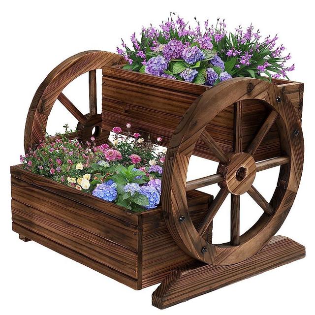 OIPRTGFJ Wooden Wagon Planter Box, Garden Planter with Wheels,Decorative Flower Planter for Flowers Herbs Vegetables for Indoor & Outdoor Decor,Wooden Flower Cart for Patio Garden Balcony