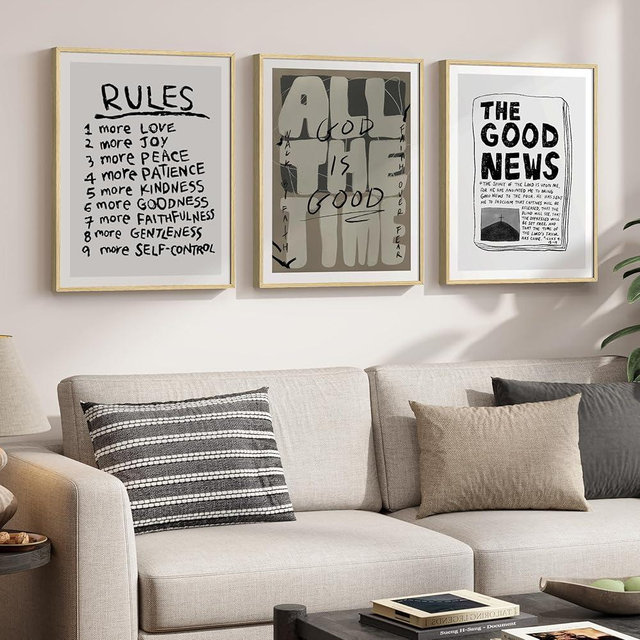 Framed Christian Canvas Wall Art Set of 3, Neutral Aesthetic Prints Good News God Is Good Fruit Of The Spirit, Religious Modern Scripture Artwork Decor for Living Room Bedroom Prayer Room, 12x16 Inch