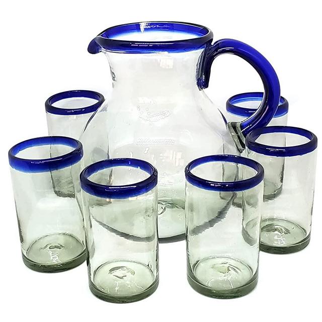 MexHandcraft Cobalt Blue Rim 120 oz Pitcher and 6 Drinking Glasses set, Recycled Glass, Lead-free, Toxin-Free (Pitcher & Glasses)