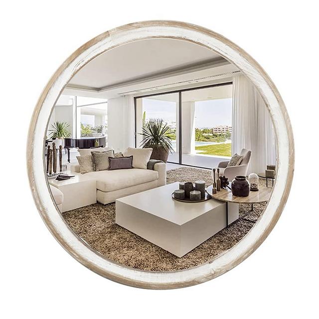 Reflinto Rustic Round Mirror 24", Hanging Wall Decorative Mirror Distressed Natural Wooden Farmhouse Frame with White Wash Edge for Bedroom, Bathroom, Living Room or Entryway