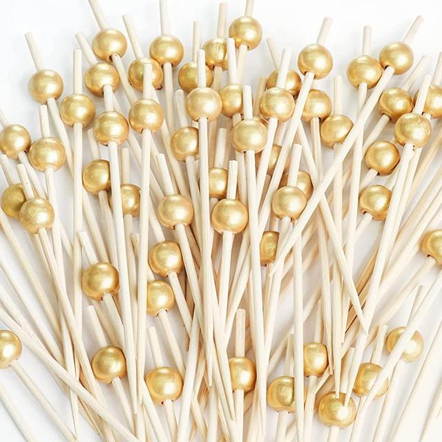 120PCS Cocktail Picks, Fancy Cocktail Toothpicks for Appetizers Picks, Bamboo Cocktail Skewers for Appetizers Wedding Party Toothpicks, Gold Pearl Food Picks for Appetizers (4.7 Inch)