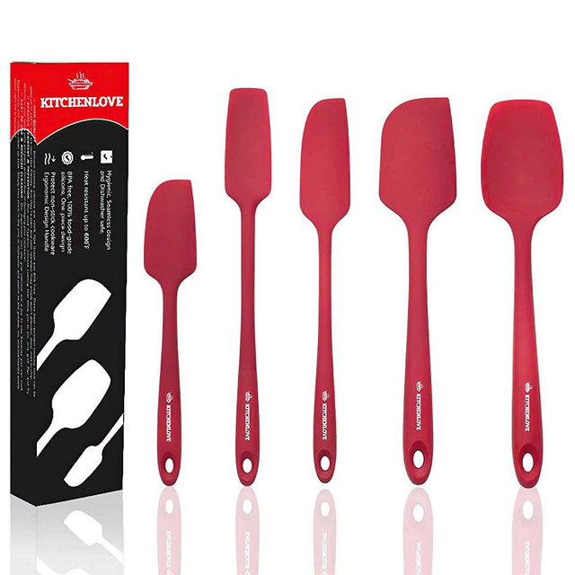 KitchenLove Premium 5 Piece Silicone Spatula Set for Baking, Cooking, Mixing - Non-Stick with High Grade S-Iron Steel Core 600ºF Heat Resistant - Seamless Design - BPA Free (Red)