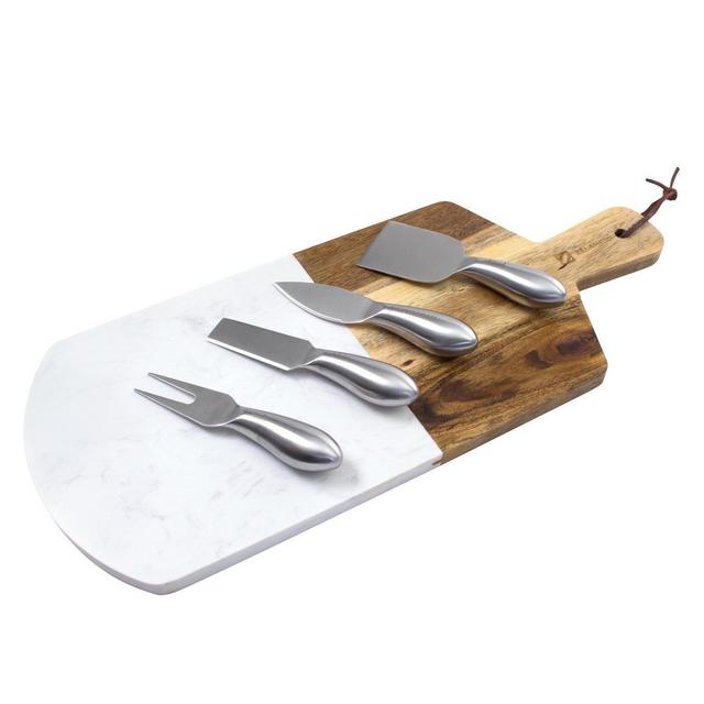 Zelancio Marble and Acacia Wooden Serving Cheese Board, 6 Piece Set Includes Stainless Steel Cheese Tools, Serving Paddle, Wood Cheese Knife Holder with Integrated Magnets