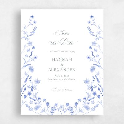 Dark Pastel Blue Wedding Save the Date - Lino Portrait