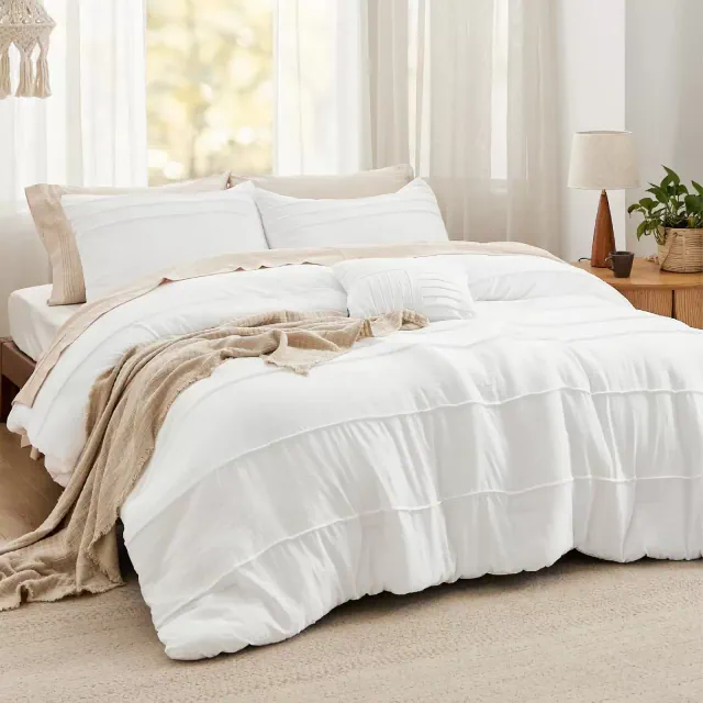 Bedsure | Queen Size Pinch Pleat Bed Comforter Set 4Pcs White
