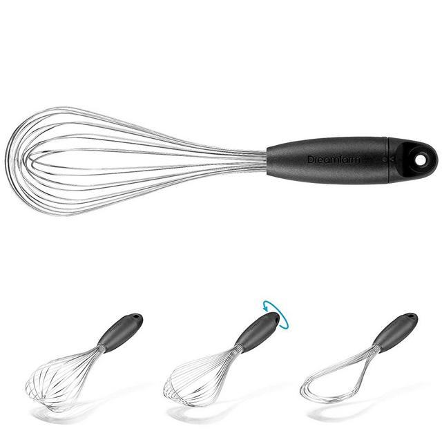 Dreamfarm Flisk | 3 in 1 Stainless Steel Whisk with Ergonomic Handle | Balloon, Sauce, and Flat Whisk | For Baking, Cooking and Deglazing | Black