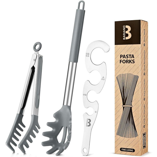Silicone Spaghetti Spoon & Pasta Tong With Pasta Measurer, 3 Pack of Non-Stick Stainless Steel Handle Pasta Fork Set with Teeth, Food Clip for Easy Serving of Noodles (GREY)