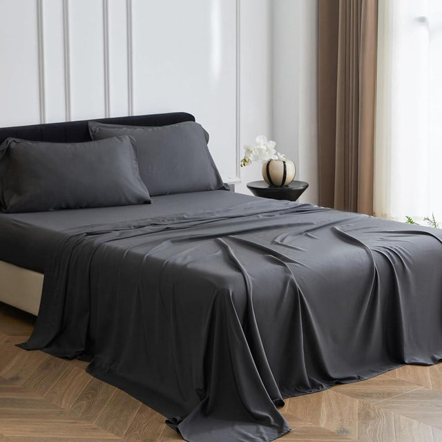 Simple&Opulence 100% Viscose from Bamboo Sheet Set 4Pcs, Cooling for Hot Sleepers, Soft Breathable Bed Sheets Set, 15" Deep Pockets, Luxury Hotel Silky Bedding Sheets (Charcoal Grey,King)