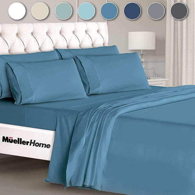 Mueller Ultratemp Bed Sheets Set, Super Soft 1800 Thread Count Egyptian 18-24 Inch Deep Pocket Sheets, Transfers Heat, Breathes Better, Hypoallergenic, Wrinkle, 6Pc, Denim Queen
