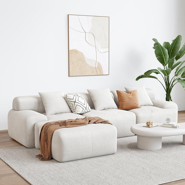 LIKIMIO 118" Modern L-Shaped Modular Sectional Sofa for Living Room, Corduroy Upholstery Beige, Oversized 3-Seater Couch with Deep Seat and Movable Ottoman – No Assembly