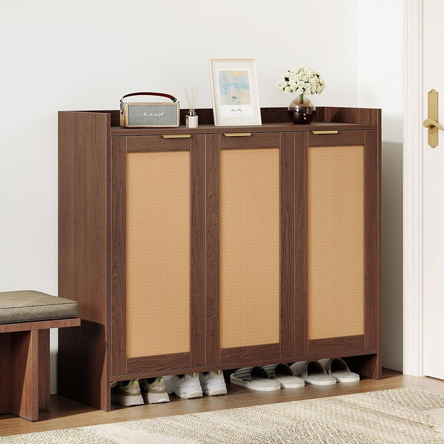 YUUIJOAA Shoe Cabinet, 41" Tall Rattan Shoe Storage Organizer Cabinet, Adjustable Shelves, 6-Tier Farmhouse Boho Wooden Storage Cabinet for Entryway Hallway Closet Bedroom,Walnut
