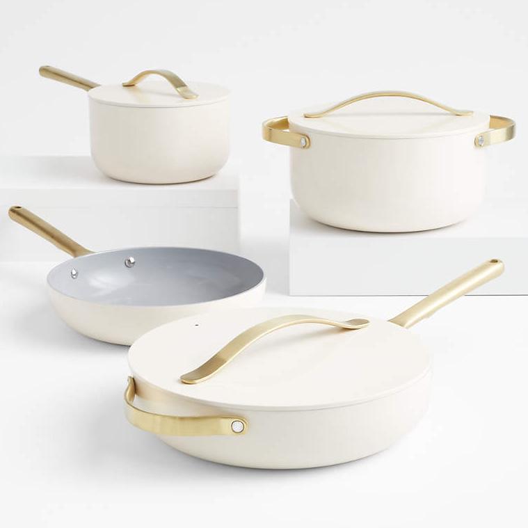 Caraway ® Cream Ceramic Non-Stick 12-Piece Cookware Set with Gold Hardware