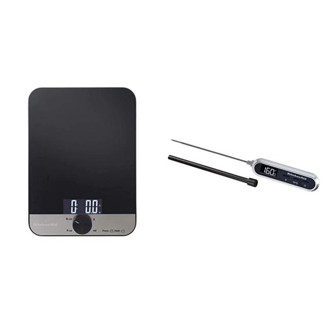 KitchenAid KQ908 Glass Surface 11 Pound Capacity Digital Kitchen and Food Scale, Black & KQ905 Rapid Response Digital Kitchen and Food Thermometer, TEMPERATURE RANGE: -4F to 482F/-20C to 250C, Black