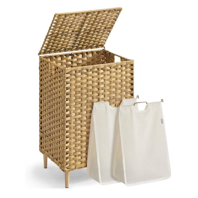 SONGMICS 2-Section Laundry Hamper with Lid, 29 Gal (110L) PE Rattan Laundry Basket with Removable Washable Liners, for Bedroom & Living Room, Goose Yellow ULCB222YE01