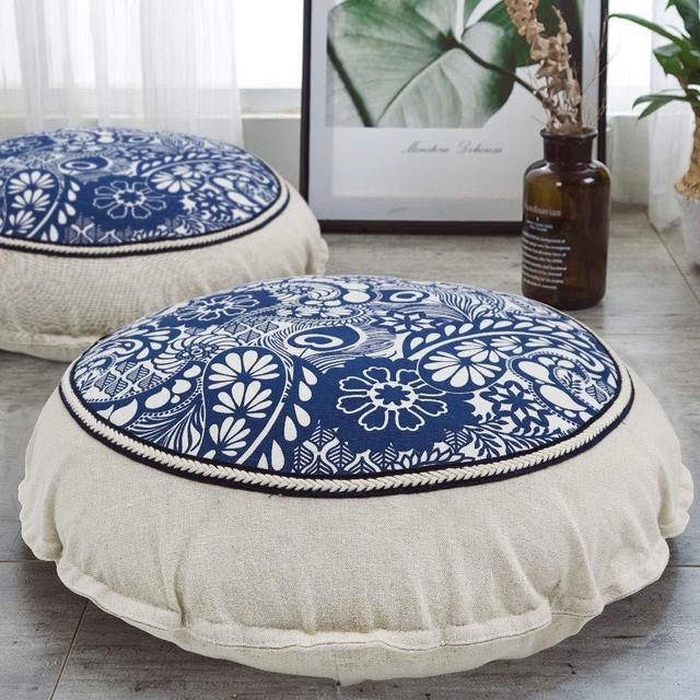 HIGOGOGO Round Floor Pillow, Mandala Flower Meditation Pillow with Removable Pillow Case Boho Braided Design Cotton Linen Seating Cushion for Living Room Yoga Room Home Decor, Navy, 22 Inch