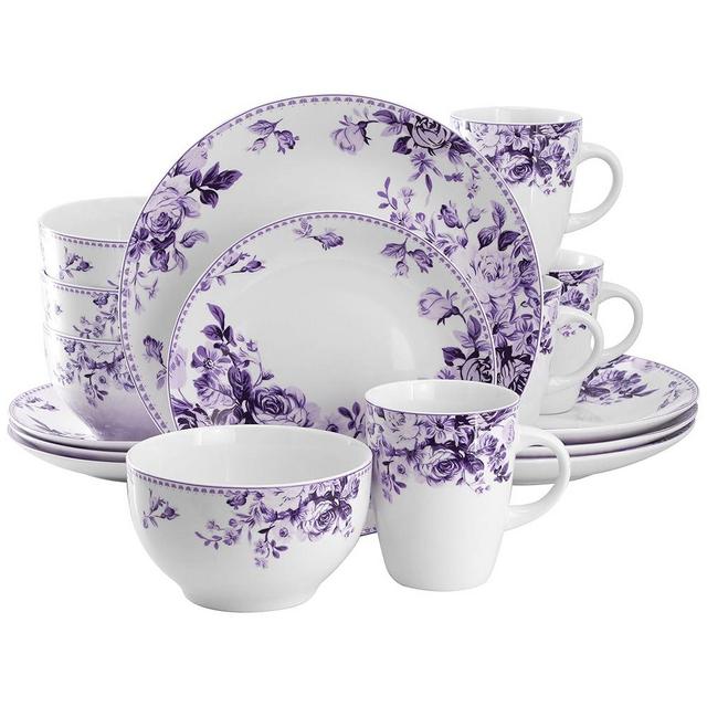 Elama Traditional Rose 16 Piece Stone Dinnerwar/Tableware Set, Service for 4 (Purple)