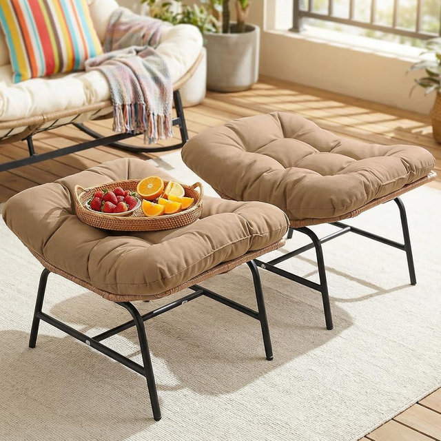 NICESOUL Indoor Outdoor Ottoman Set of 2, Large Wide Double Patio Footstool, PE Rattan Thicken Cushioned Footrest, All-Weather Wicker Furniture for Balcony, Porch, Living Room, Egg Chair, Brown