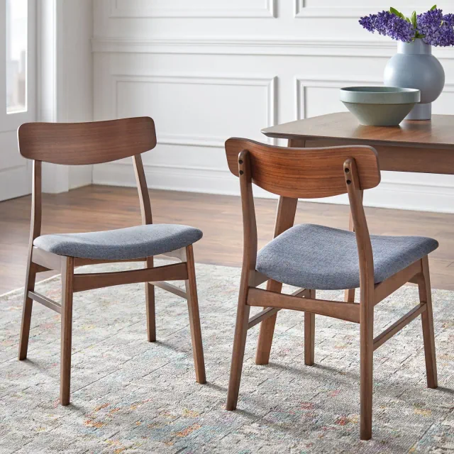 Buylateral Set of 2 Wave Solid Rubberwood Dining Chairs Walnut/Blue: Upholstered, Rubberwood Frame, Foam Filled