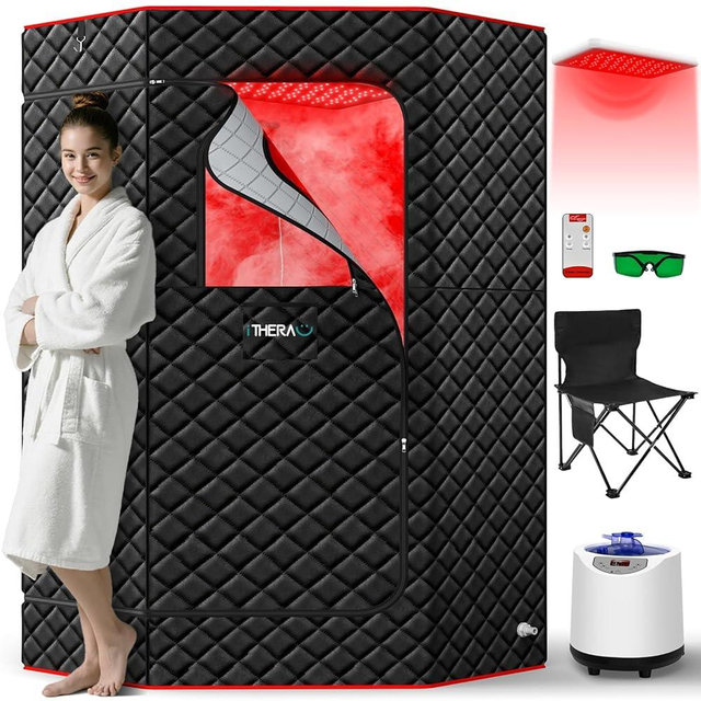 XL Infrared Sauna Box with True 660 & 850nm Red Light Therapy Lamp, Portable Red Light Sauna for Home, Full Body Steam Tent with 3L 1200w Steamer, 15 Levels Heat, Chair, Remote