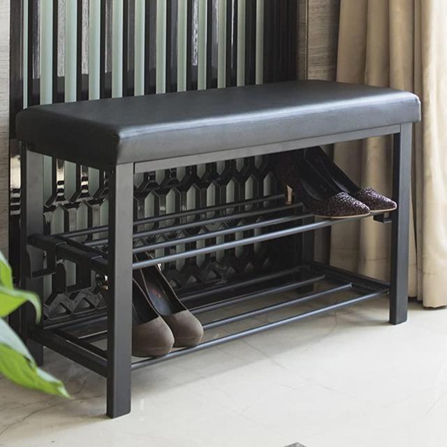 Finnhomy Entryway Shoe Rack with Cushioned Seat, 2 Shelves Storage Bench w/Faux Leather Top Bed Bench, Black
