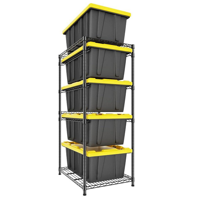 Roxibelt T4 Heavy Duty 5-Tier Steel Tote Rack（With NSF Certified）Freestanding Storage Bin Rack with Safety Anti-tip Device，Adjustable Shelf Garage Storage System，23" W x 31.5" D x 70.5" H，1 Pack Black