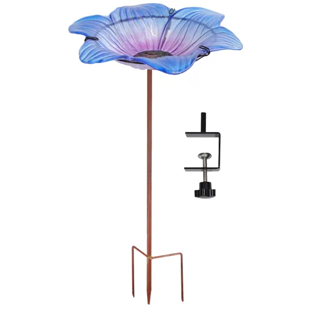 Sunnydaze Morning Glory Deck-Mounted/Staked Glass Bird Bath - 11.5" Diameter - Blue