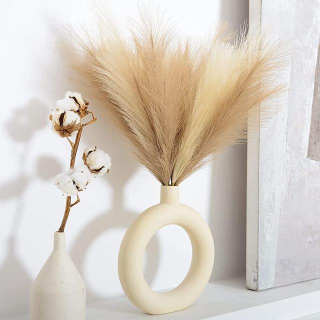 PERFNIQUE Faux Pampas Grass, Set of 6 Stems 17'' Short Artificial Fake Flowers, Small Vase Fillers, Rustic Trendy Cottagecore Minimalist Boho Farmhouse Room Decor, Vase Accent