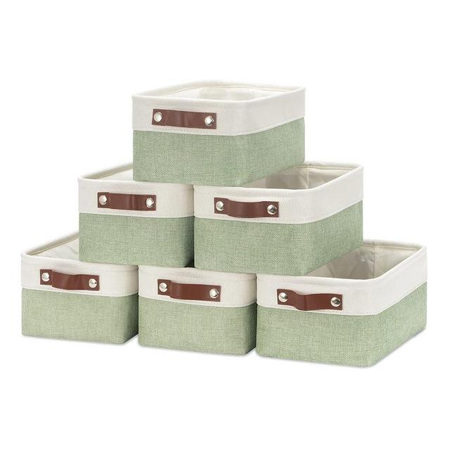 HNZIGE Collapsible Storage Baskets for Shelves(6pack) Small Fabric Bins with Handles, Linen Baskets Organizer Bins for Organizing Closet Nursery Home Shelves(White&Green, 11.8" x 7.8" x 5.1")