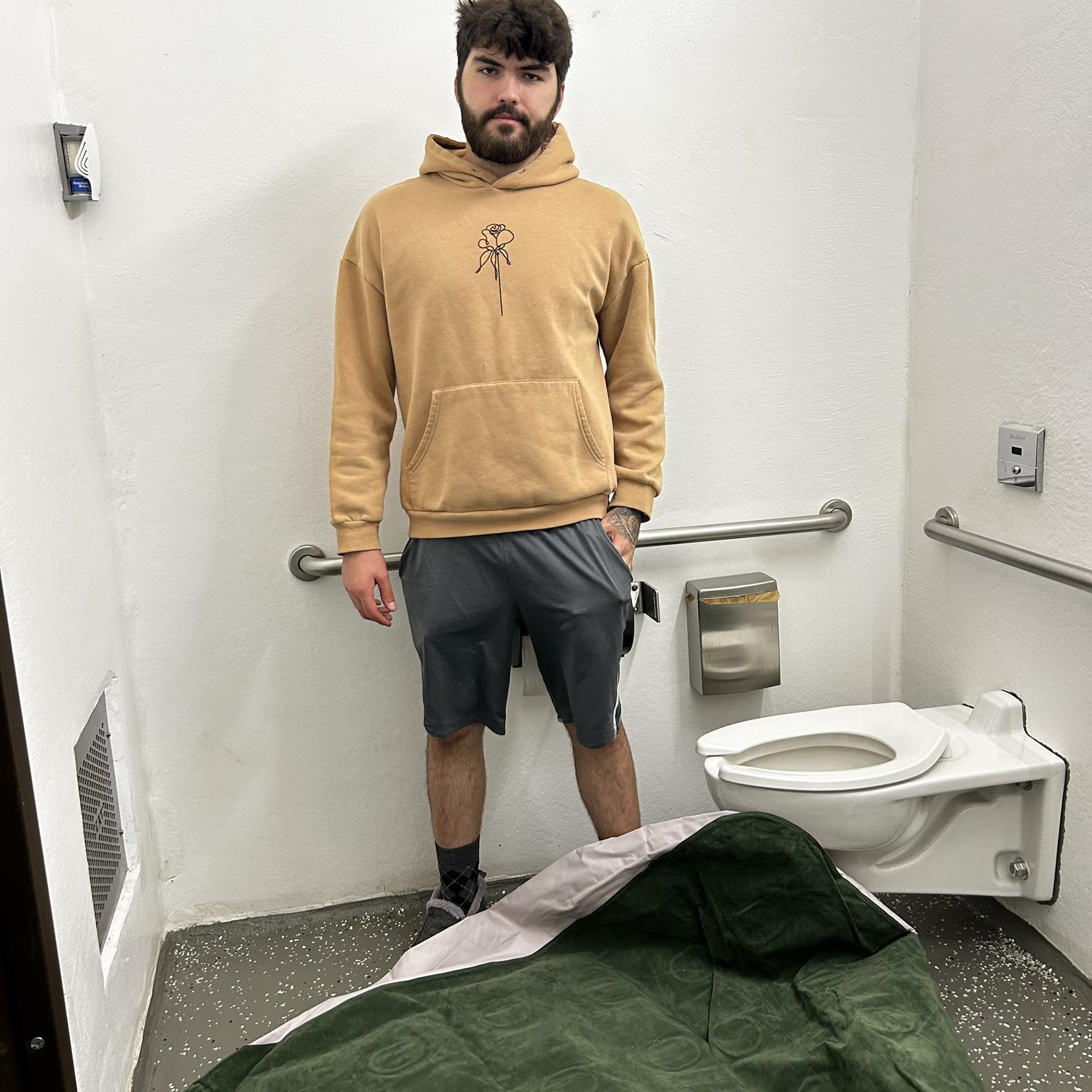 Blowing up our air mattress in the state park bathroom because our battery wasn’t strong enough