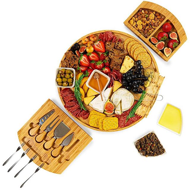Large Round Charcuterie Board Set - 16 In, Bamboo Cheese Board and Knife Set, Charcuterie Boards Extra Large, Large Round Cheese Board, Charcuterie Serving Board, Wooden Charcuterie Board, Cheese Tray