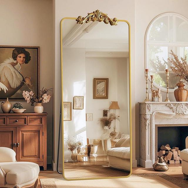 Coomily Full Length Mirror, 71"x28" Floor Mirror Freestanding with Carved Metal Frame, Full Body Mirrors for Living Room, Standing, Hanging, Leaning Mount, Gold, Retro Style